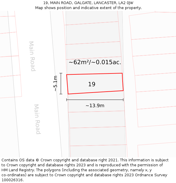 19, MAIN ROAD, GALGATE, LANCASTER, LA2 0JW: Plot and title map