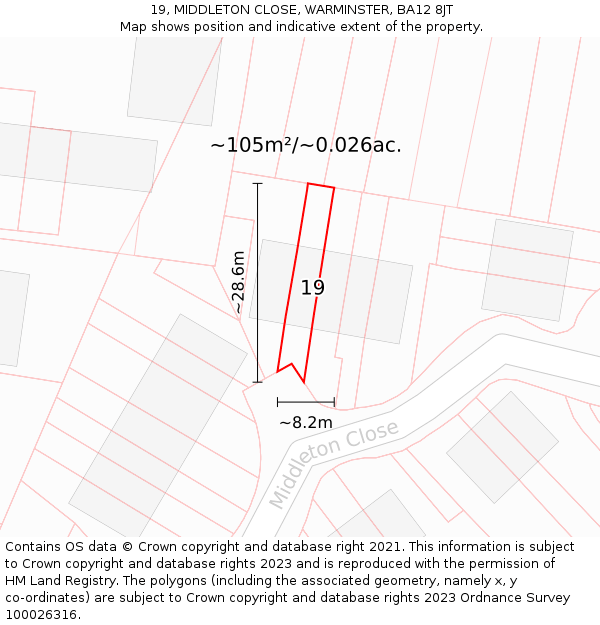 19, MIDDLETON CLOSE, WARMINSTER, BA12 8JT: Plot and title map
