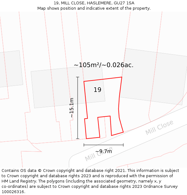 19, MILL CLOSE, HASLEMERE, GU27 1SA: Plot and title map