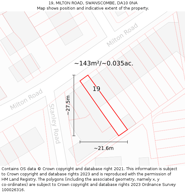 19, MILTON ROAD, SWANSCOMBE, DA10 0NA: Plot and title map