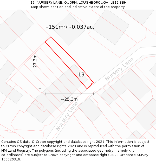 19, NURSERY LANE, QUORN, LOUGHBOROUGH, LE12 8BH: Plot and title map