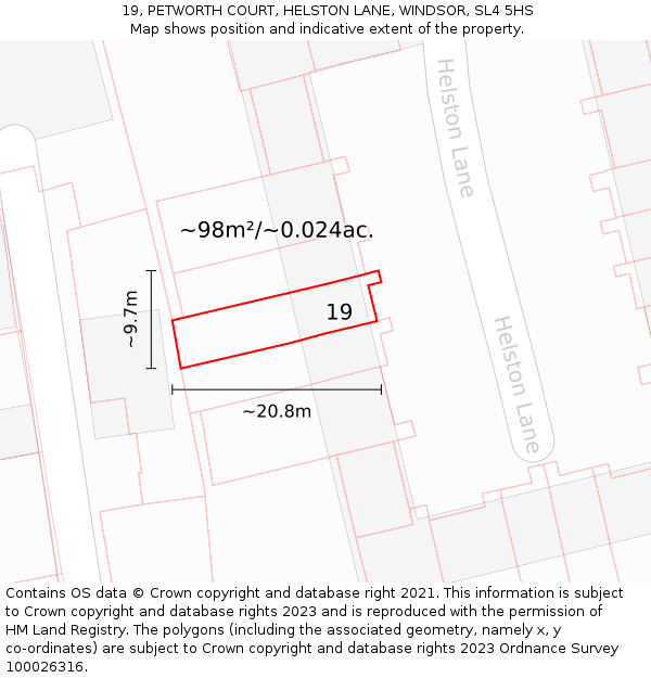 19, PETWORTH COURT, HELSTON LANE, WINDSOR, SL4 5HS: Plot and title map