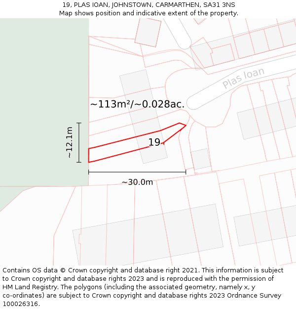 19, PLAS IOAN, JOHNSTOWN, CARMARTHEN, SA31 3NS: Plot and title map