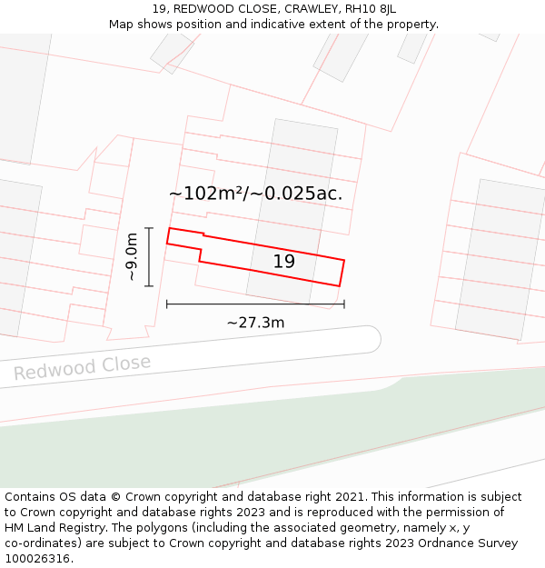 19, REDWOOD CLOSE, CRAWLEY, RH10 8JL: Plot and title map