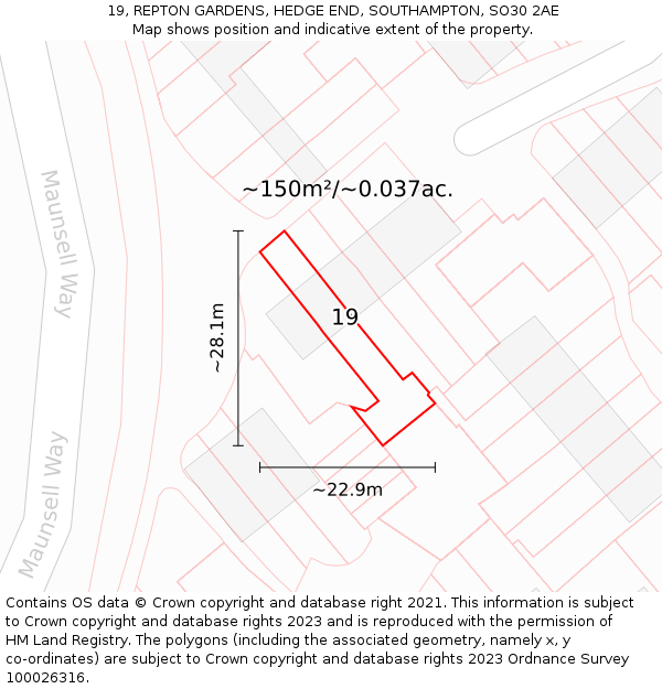 19, REPTON GARDENS, HEDGE END, SOUTHAMPTON, SO30 2AE: Plot and title map