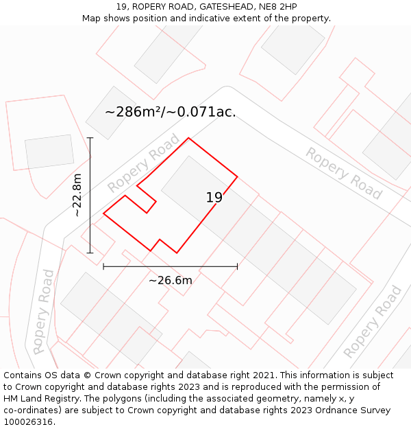 19, ROPERY ROAD, GATESHEAD, NE8 2HP: Plot and title map