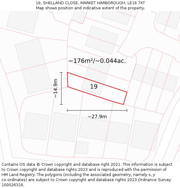 19, SHELLAND CLOSE, MARKET HARBOROUGH, LE16 7XT: Plot and title map