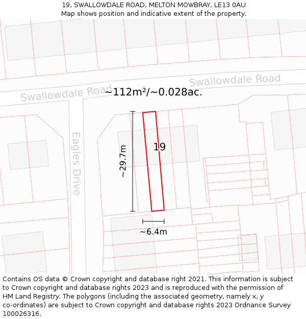 19, SWALLOWDALE ROAD, MELTON MOWBRAY, LE13 0AU: Plot and title map