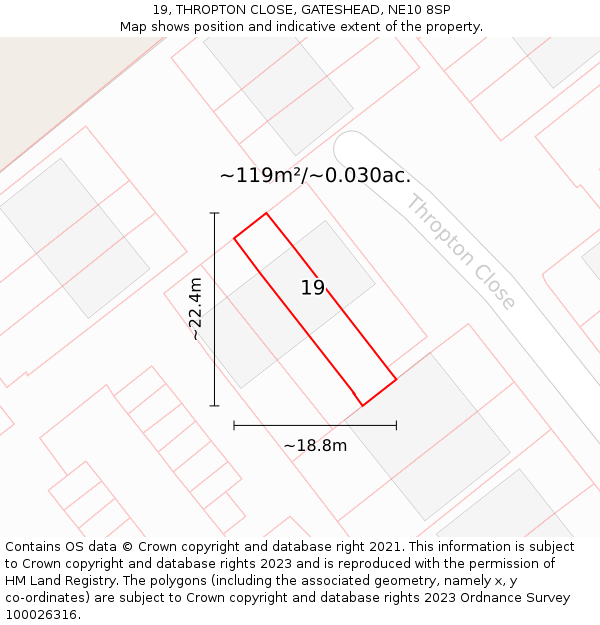 19, THROPTON CLOSE, GATESHEAD, NE10 8SP: Plot and title map