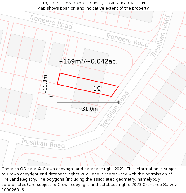 19, TRESILLIAN ROAD, EXHALL, COVENTRY, CV7 9FN: Plot and title map