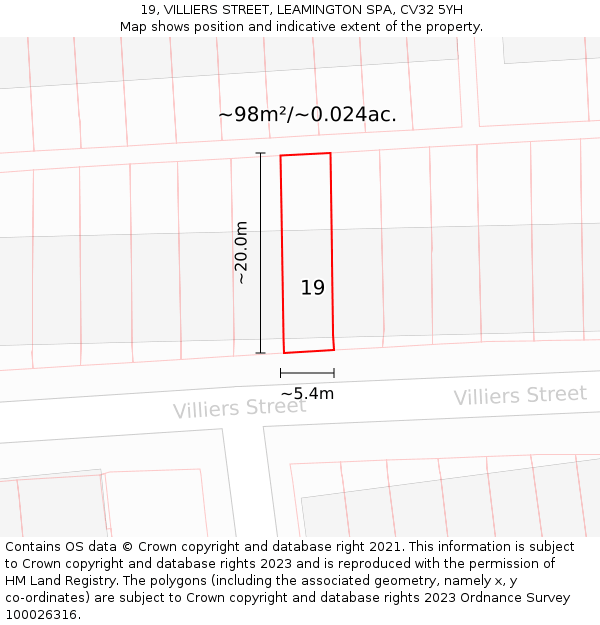 19, VILLIERS STREET, LEAMINGTON SPA, CV32 5YH: Plot and title map