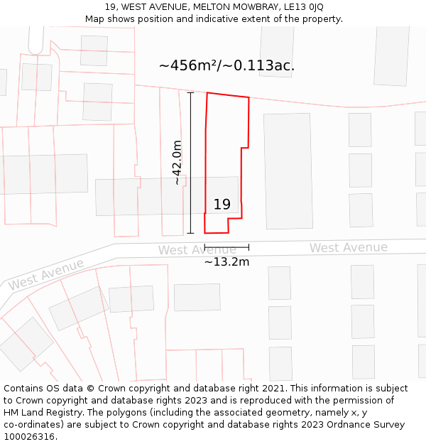 19, WEST AVENUE, MELTON MOWBRAY, LE13 0JQ: Plot and title map
