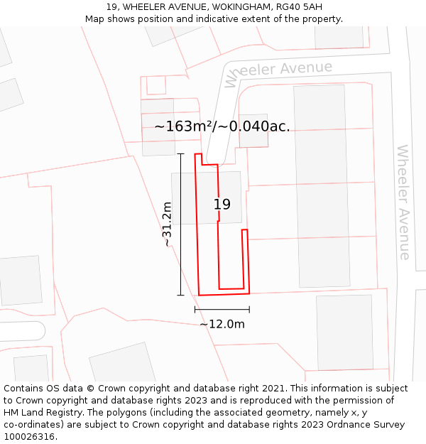 19, WHEELER AVENUE, WOKINGHAM, RG40 5AH: Plot and title map
