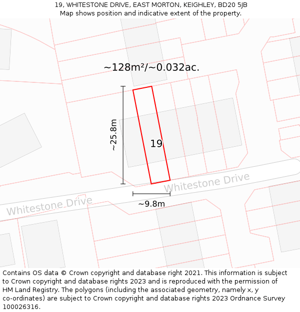 19, WHITESTONE DRIVE, EAST MORTON, KEIGHLEY, BD20 5JB: Plot and title map
