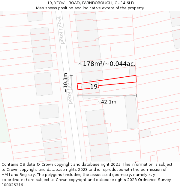 19, YEOVIL ROAD, FARNBOROUGH, GU14 6LB: Plot and title map