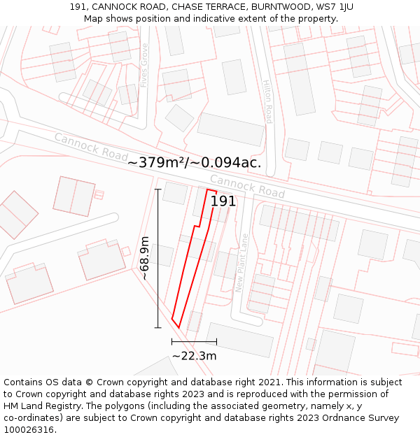 191, CANNOCK ROAD, CHASE TERRACE, BURNTWOOD, WS7 1JU: Plot and title map