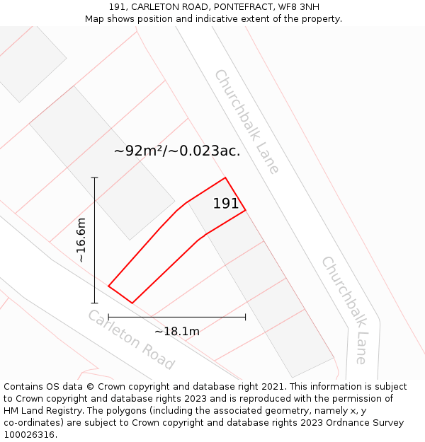 191, CARLETON ROAD, PONTEFRACT, WF8 3NH: Plot and title map