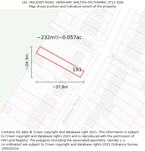 191, MOLESEY ROAD, HERSHAM, WALTON-ON-THAMES, KT12 4QW: Plot and title map