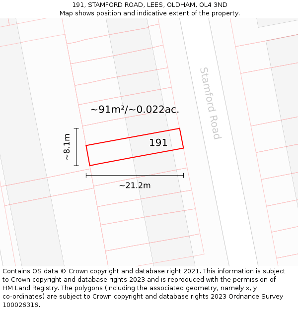 191, STAMFORD ROAD, LEES, OLDHAM, OL4 3ND: Plot and title map