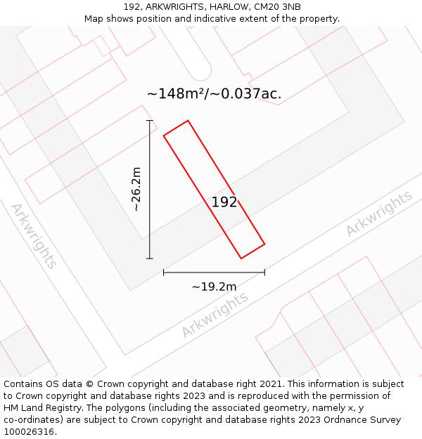 192, ARKWRIGHTS, HARLOW, CM20 3NB: Plot and title map
