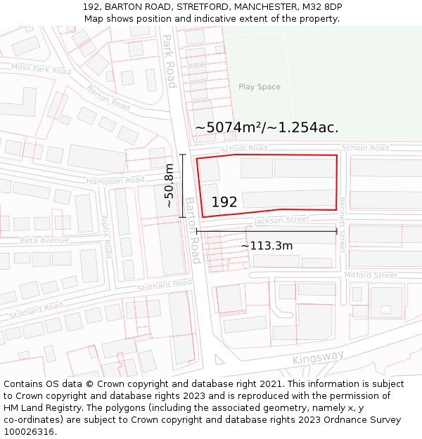 192, BARTON ROAD, STRETFORD, MANCHESTER, M32 8DP: Plot and title map