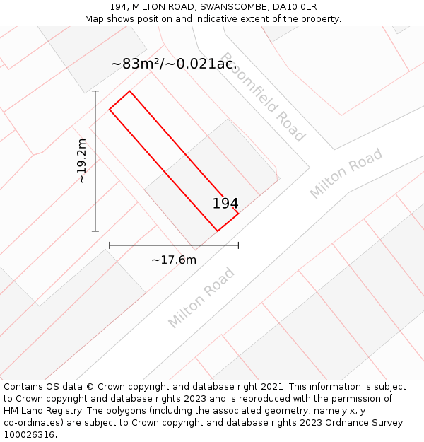 194, MILTON ROAD, SWANSCOMBE, DA10 0LR: Plot and title map