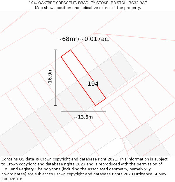 194, OAKTREE CRESCENT, BRADLEY STOKE, BRISTOL, BS32 9AE: Plot and title map