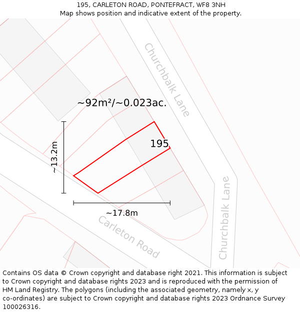 195, CARLETON ROAD, PONTEFRACT, WF8 3NH: Plot and title map