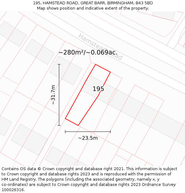 195, HAMSTEAD ROAD, GREAT BARR, BIRMINGHAM, B43 5BD: Plot and title map