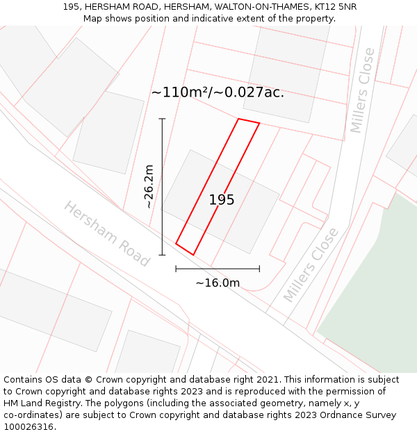 195, HERSHAM ROAD, HERSHAM, WALTON-ON-THAMES, KT12 5NR: Plot and title map