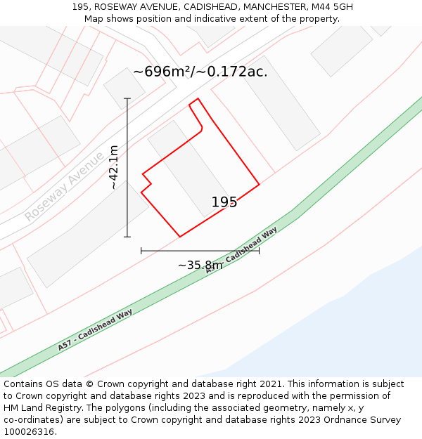 195, ROSEWAY AVENUE, CADISHEAD, MANCHESTER, M44 5GH: Plot and title map
