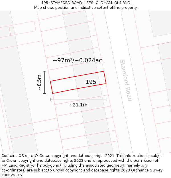 195, STAMFORD ROAD, LEES, OLDHAM, OL4 3ND: Plot and title map