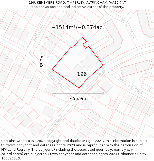 196, KENTMERE ROAD, TIMPERLEY, ALTRINCHAM, WA15 7NT: Plot and title map