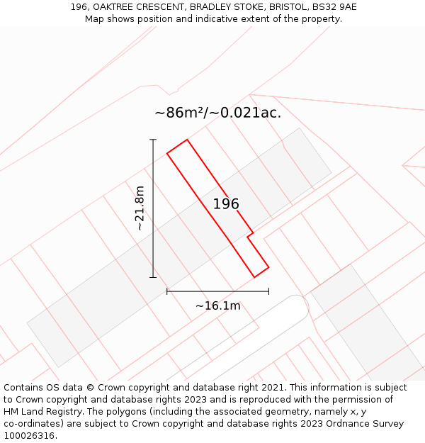 196, OAKTREE CRESCENT, BRADLEY STOKE, BRISTOL, BS32 9AE: Plot and title map