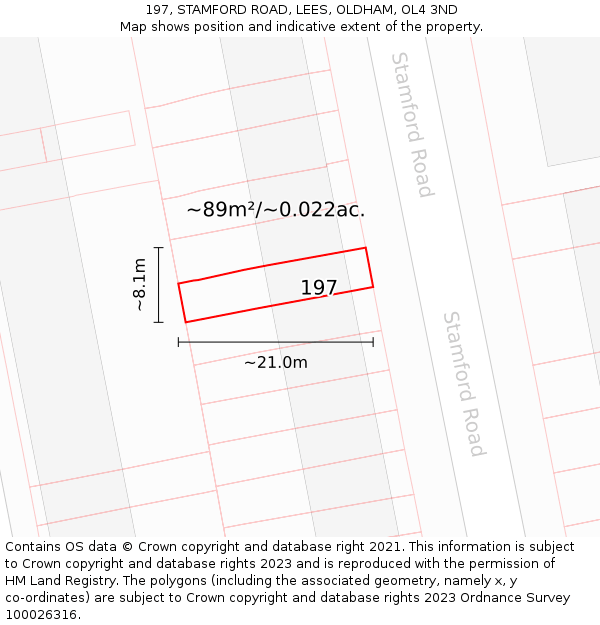 197, STAMFORD ROAD, LEES, OLDHAM, OL4 3ND: Plot and title map