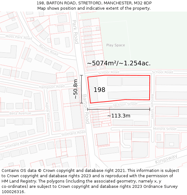 198, BARTON ROAD, STRETFORD, MANCHESTER, M32 8DP: Plot and title map