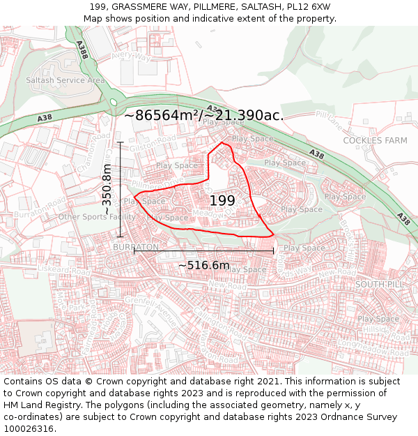199, GRASSMERE WAY, PILLMERE, SALTASH, PL12 6XW: Plot and title map