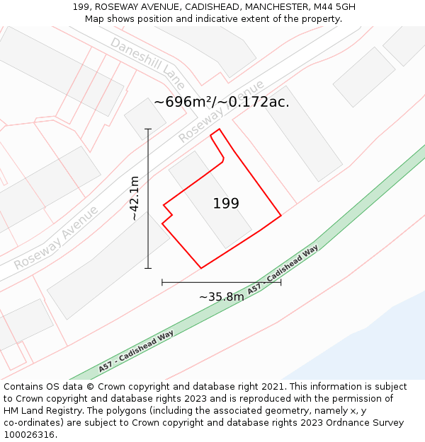 199, ROSEWAY AVENUE, CADISHEAD, MANCHESTER, M44 5GH: Plot and title map