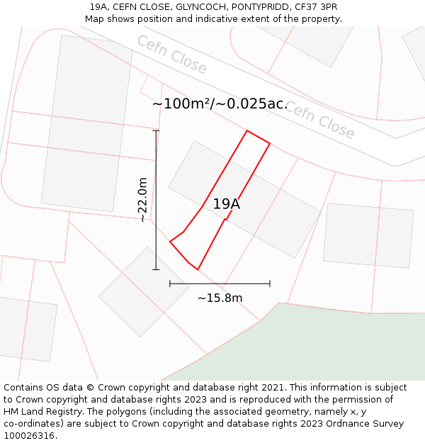 19A, CEFN CLOSE, GLYNCOCH, PONTYPRIDD, CF37 3PR: Plot and title map