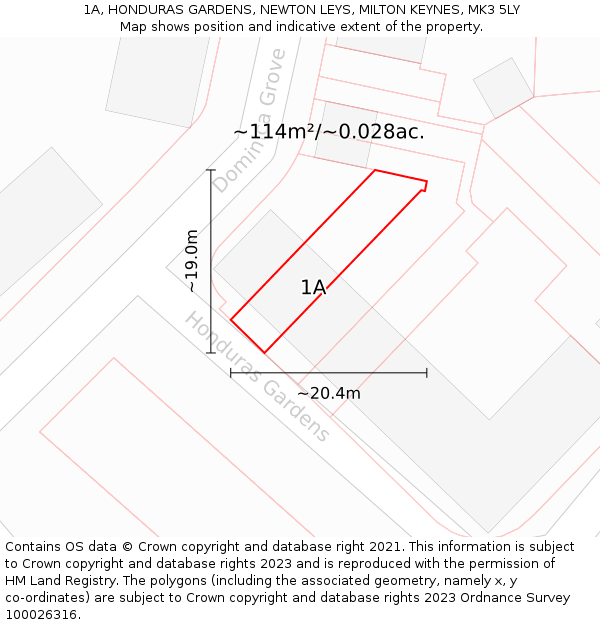 1A, HONDURAS GARDENS, NEWTON LEYS, MILTON KEYNES, MK3 5LY: Plot and title map