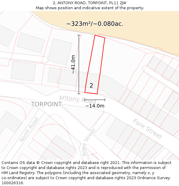 2, ANTONY ROAD, TORPOINT, PL11 2JW: Plot and title map