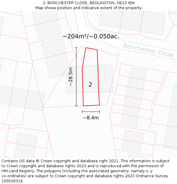 2, BONCHESTER CLOSE, BEDLINGTON, NE22 6JW: Plot and title map