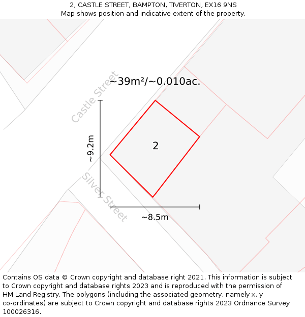 2, CASTLE STREET, BAMPTON, TIVERTON, EX16 9NS: Plot and title map