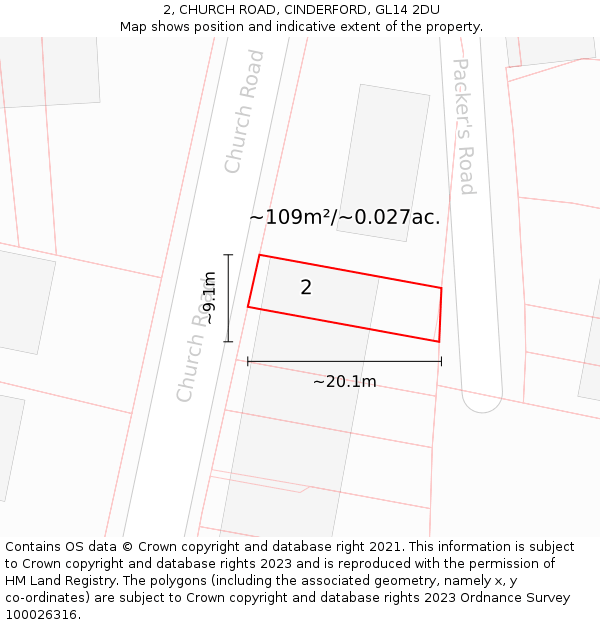 2, CHURCH ROAD, CINDERFORD, GL14 2DU: Plot and title map