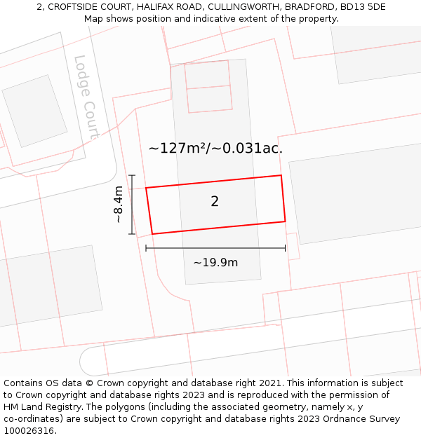 2, CROFTSIDE COURT, HALIFAX ROAD, CULLINGWORTH, BRADFORD, BD13 5DE: Plot and title map