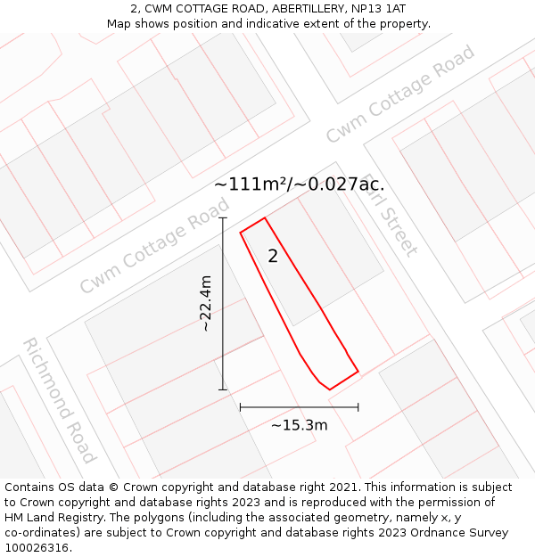2, CWM COTTAGE ROAD, ABERTILLERY, NP13 1AT: Plot and title map
