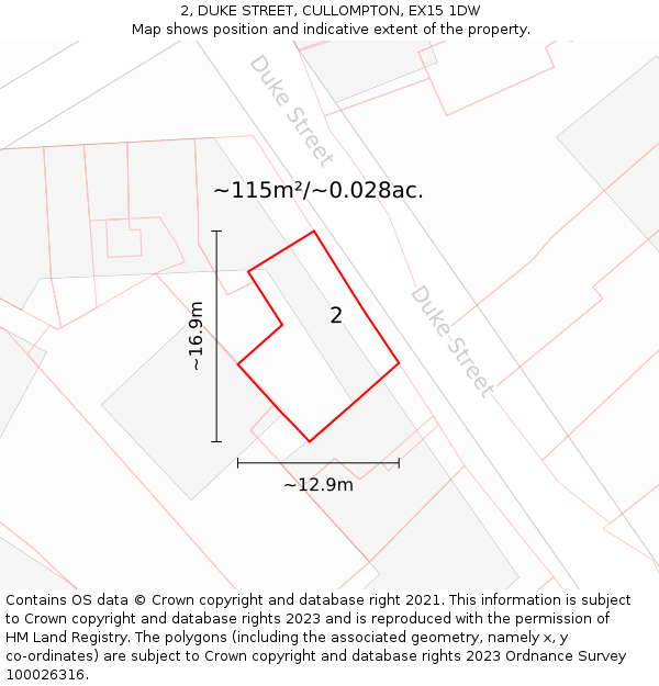 2, DUKE STREET, CULLOMPTON, EX15 1DW: Plot and title map