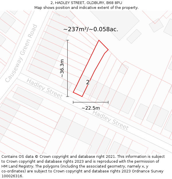 2, HADLEY STREET, OLDBURY, B68 8PU: Plot and title map