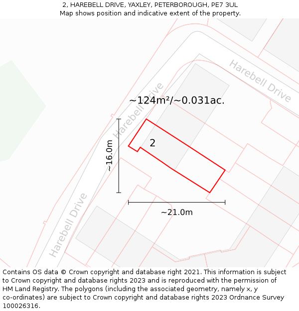 2, HAREBELL DRIVE, YAXLEY, PETERBOROUGH, PE7 3UL: Plot and title map