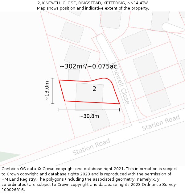 2, KINEWELL CLOSE, RINGSTEAD, KETTERING, NN14 4TW: Plot and title map